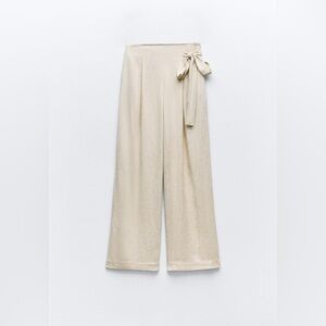 Zara Cream Wide-Leg Tie-Waist Linen Pants size XS